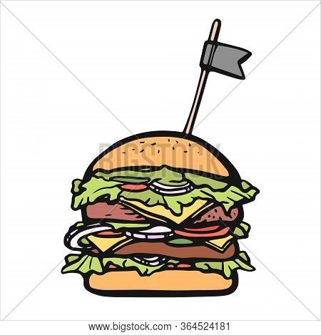 Hand-drawn Burger Hot Dish. Delicious Sandwich Line Vector Stock Illustration. Concept For Menu, Fas