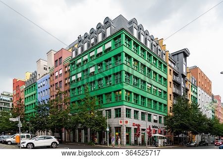 Berlin, Germany - July 29, 2019: Colorful Residential Buildings In Quartier Schutzenstrasse Designed