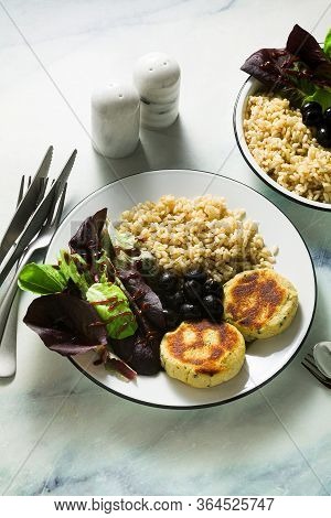 A Simple Vegan Lunch Or Dinner For A Family Of Two Adults And A Child. Brown Rice With Soy Okara And