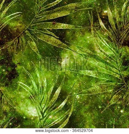 Tropical Seamless Pattern.  Green Cosmic Background. Fashion Hand Drawn Texture. Tropical Seamless P