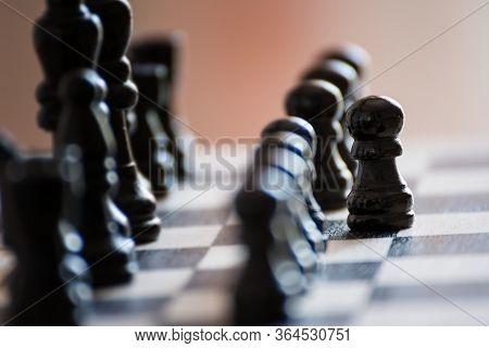 Chess Pieces On The Chess Board With Selective Focus And Crop Fragment. Business And Motivation Conc