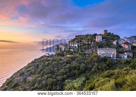 Mountain Village Of Nonza With View Over The Mediteranean Sea On Cap Corse, Corsica, France