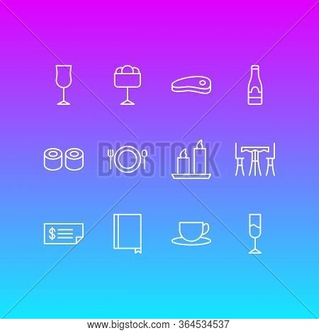 Illustration Of 12 Restaurant Icons Line Style. Editable Set Of Wineglass, Steak, Restaurant And Oth