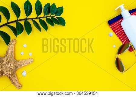 Summer Holiday Concept Flat Lay. Top View Of Starfish, Small Shells, Green Leaves And Beach Sccessor