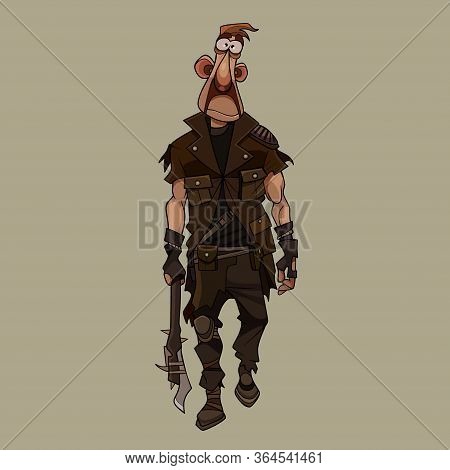 Sad Cartoon Man In Post Apocalypse Clothes Strides With Makeshift Weapon In Hand