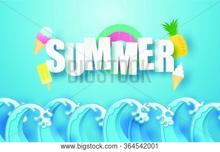 Hello Summer Poster Or Banner With Hanging Text, Ice Cream, Swim Ring ...