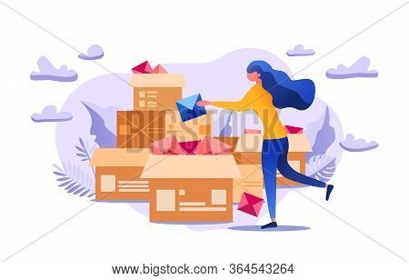 The Woman Holds An Important Message And Trying To Send With Post Company's Help. Allegorical Associ
