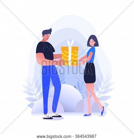 Man Gives A Present Or Important Box To His Office Colleague Or Team Member. Corporate Colors, Busin