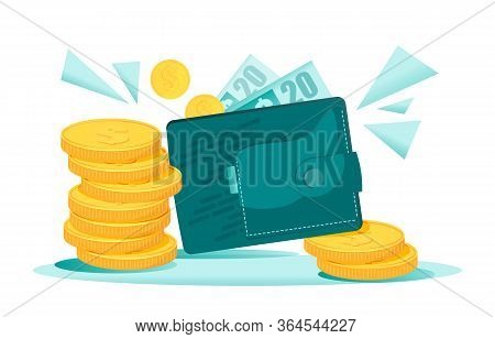 Bundles Of Money Falling To The Wallet With Dollars. Golden Coins Are Enlarged And Symbolize Wealthi