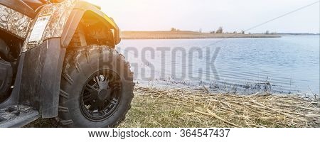 Atv Awd Quadbike Motorcycle Pov View Near Lake Or River Pond Coast With Beautiful Nature Landscape S