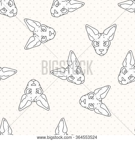 Cute Cartoon Monochrome Sphynx Cat Face Seamless Vector Pattern. Pedigree Exotic Kitty Lineart Breed