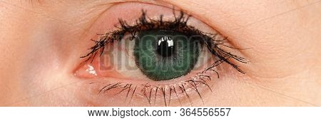 Female Left Blue Eye Tinted In Green Colour With Special Contact Lens Close-up