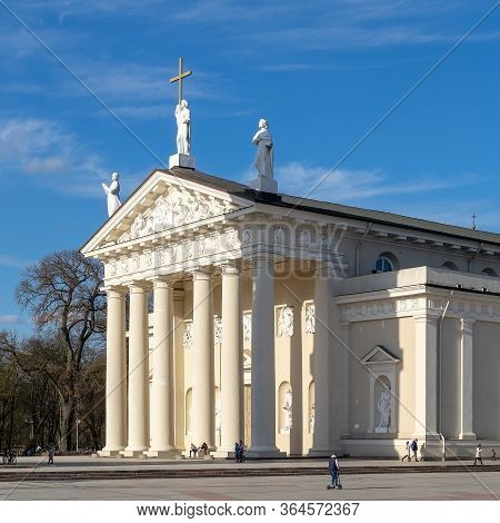 Vilnius, Lithuania - April 23, 2020: The Facade Of The Main Church In Lithuania - The Cathedral Basi