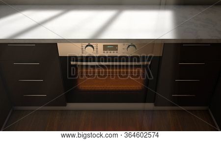 A Look Across A Clean Kitchen With Cupboards And A Closed Empty Hot Oven With Morning Light Coming T
