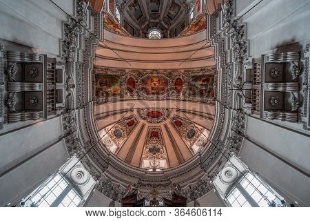 Feb 4, 2020 - Salzburg, Austria: Ultrawide Upward View Of Central Dome Altar Ceiling Inside Salzburg