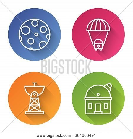 Set Line Moon, Planet Saturn, Satellite Dish And Astronomical Observatory. Color Circle Button. Vect