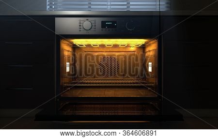 A Look Across A Clean Kitchen With Cupboards And An Open Empty Hot Oven With Moon Light Coming Throu