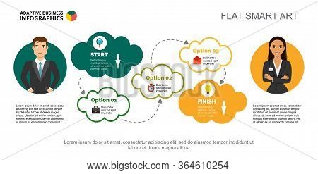 Three Options Management Process Chart Slide Template. Business Data. Workflow, Employee, Design. Cr