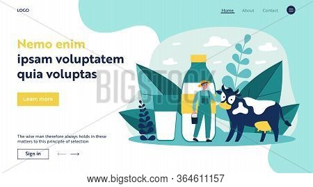 Happy Young Farmer Standing Near Cow Flat Vector Illustration. Man Holding Bucket With Milk. Fresh M