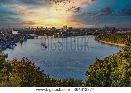 Kiev , Ukraine - August 30, 2019 : Dniepr river skyline cityscape Landmark of Kiev Ukraine Europe