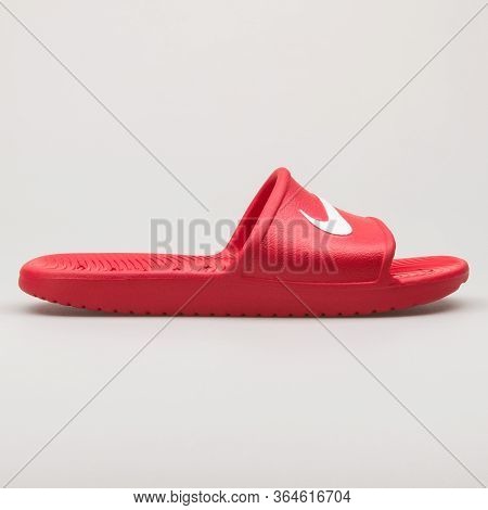 Vienna, Austria - February 19, 2018: Nike Kawa Shower Red And White Sandal On White Background.