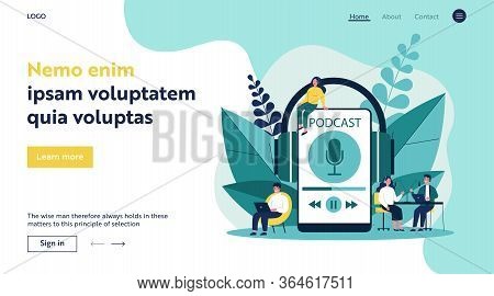 People Listening Speakers From Broadcasting Station Flat Vector Illustration. Man And Woman Listenin