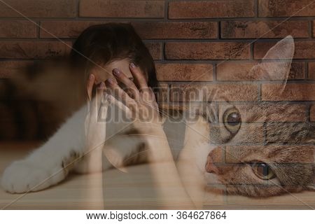 Woman Suffering From Ailurophobia Indoors. Irrational Fear Of Cats