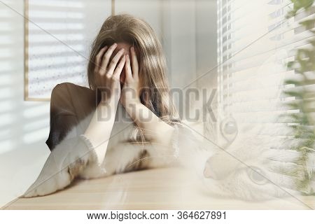 Woman Suffering From Ailurophobia Indoors. Irrational Fear Of Cats