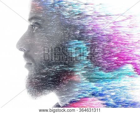 A portrait combined with a digital illustration.
