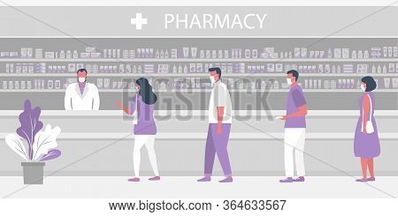 Pharmacy During The Coronavirus Epidemic. People In Medical Masks In The Pharmacy. The Pharmacist St