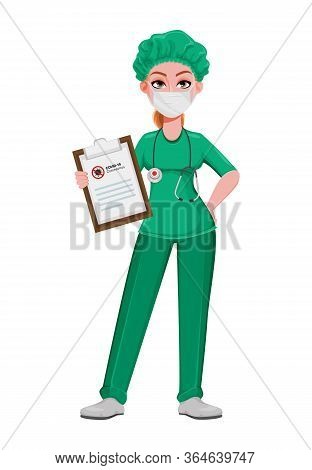 Beautiful Woman Doctor Holding Clipboard. Female Medical Doctor Or Nurse Cartoon Character Working I