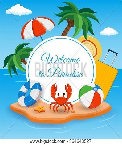 Summer Holidays Composition With Sand Beach, Palms And Travel Stuff. Trave And Tourism Concept. Vect