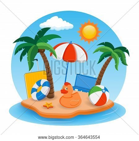 Summer Holidays Composition With Sand Beach, Palms And Travel Stuff. Trave And Tourism Concept. Vect