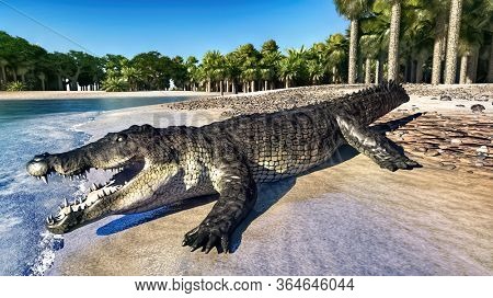 The crocodile rests by the river 3d rendering