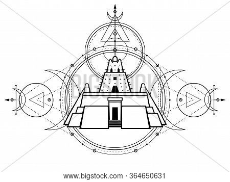 Mystical Drawing - An Ancient Ziggurat, Lunar Symbols, Energy Circles, Sacred Geometry. Alchemy, Mag