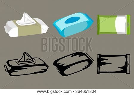 A Set Of Three Packs Of Wet Wipes, In Two Versions Color And Black And White. Vector Illustration.