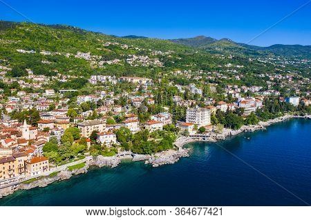 Croatia, Beautiful Town Of Lovran And Lungomare Sea Walkway, Aerial Panoramic View In Kvarner Bay Co