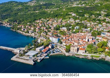 Croatia, Beautiful Town Of Lovran And Lungomare Sea Walkway, Aerial Panoramic View In Kvarner Bay Co