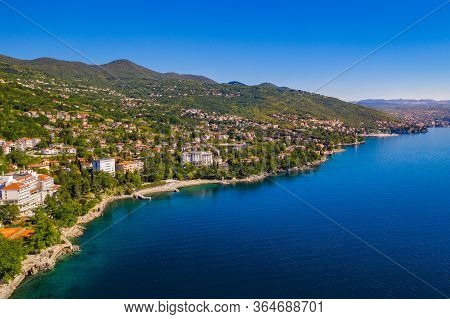 Croatia, Beautiful Adriatic Coastline, Lovran And Opatija Riviera, Aerial Panoramic View In Kvarner 