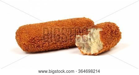 Partly Eaten Brown Crusty Dutch Kroket Isolated On A White Background