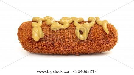 Brown Crusty Dutch Kroket With Mustard Topping Isolated On A White Background