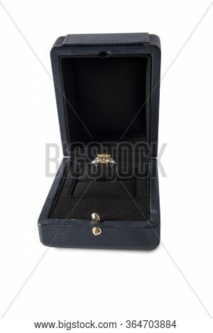 Jewelry, Golden Diamond Ring In A Box On A White Background, Isolated