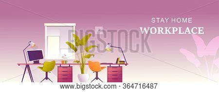Design Workplace At Home, Office For Remote Work, Horizontal Banner, Vector Illustration, Desktop Ne