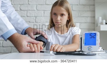 Tonometer Measuring Blood Pressure, Sick Child, Doctor Consulting Kids. People Medical Healthcare