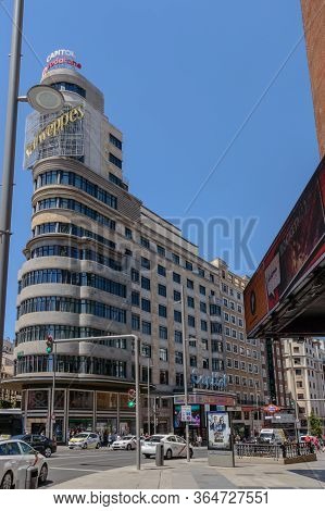 Beautiful Gran Via At Your Step Through The Callao Square With The Callao Metro And The Capitol Buil