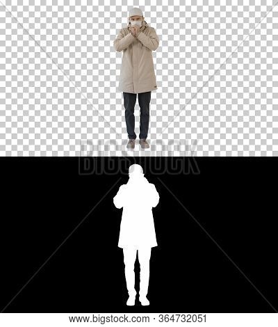 Man In Top Clothes And In Medical Disposable Mask Coughing, Alpha Channel
