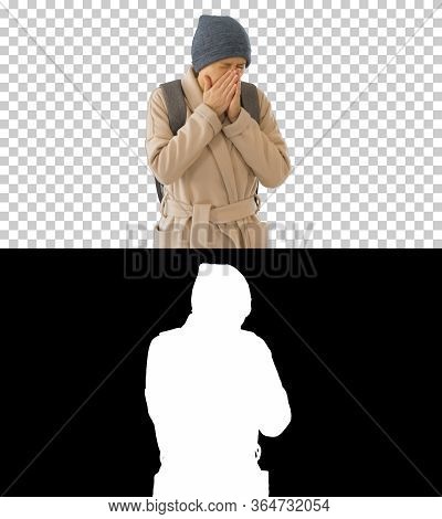 Woman In A Coat Walking And Coughing, Alpha Channel