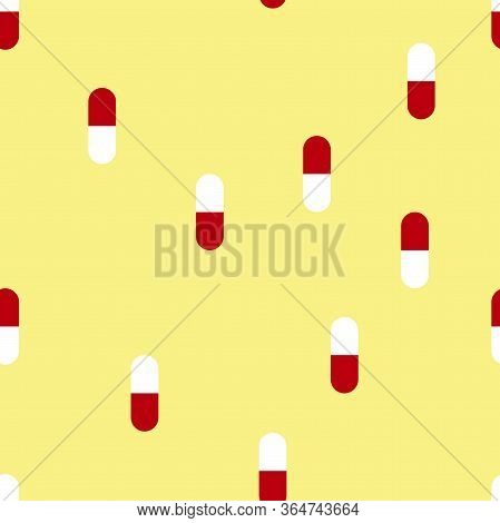 Seamless Minimalistic Medical Pattern. White Red Pills On A Yellow Background. Vector Stock Illustra