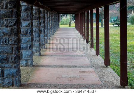Passage With Stone And Wooden Columns Outside In The Countryside Near Istanbul, Turkey