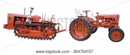 Old Red Agricultural Tractors Isolated Over White Background